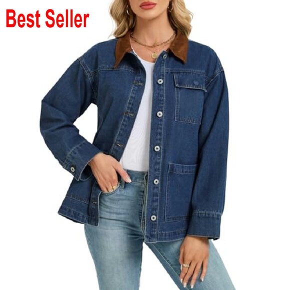 Oversized Denim Jacket Button Up Long Sleeve Faux Suede Collar Barn Coat - Picture 2 of 7